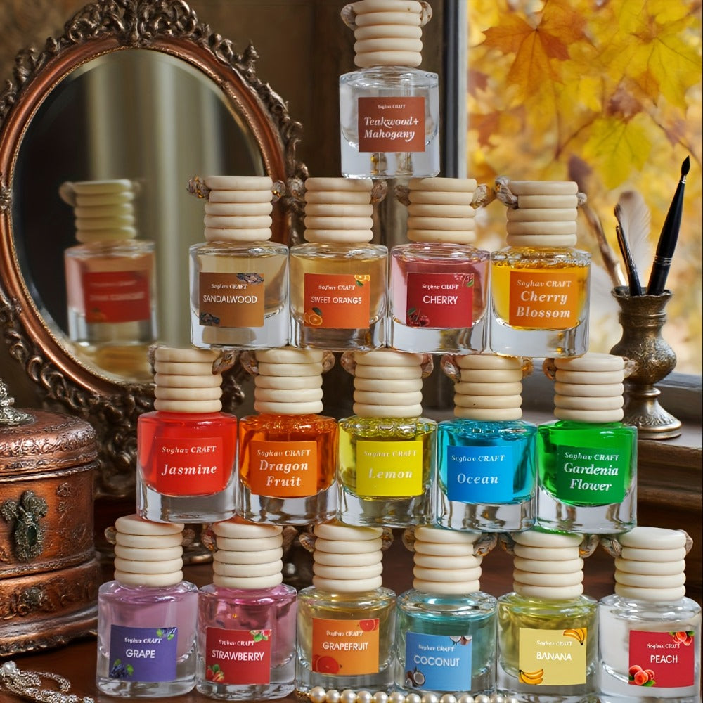 Car Air Freshener 18-Pack Hanging Diffuser Bottles with Six Random Scents and Adjustable Wooden Caps