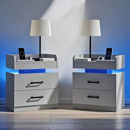 Wooden Nightstand with LED Ambient Light & Charging Station, Fabric Drawer, Blue Glow for an Everyday Personal Care Routine