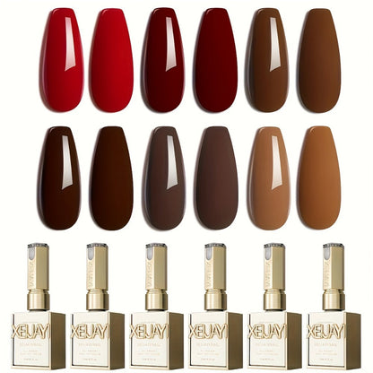Gel Nail Polish Set with XEIJAYI Label, 6 Red Glitter Gel Colors in Gilded Bottle Set 36 for UV LED Cure