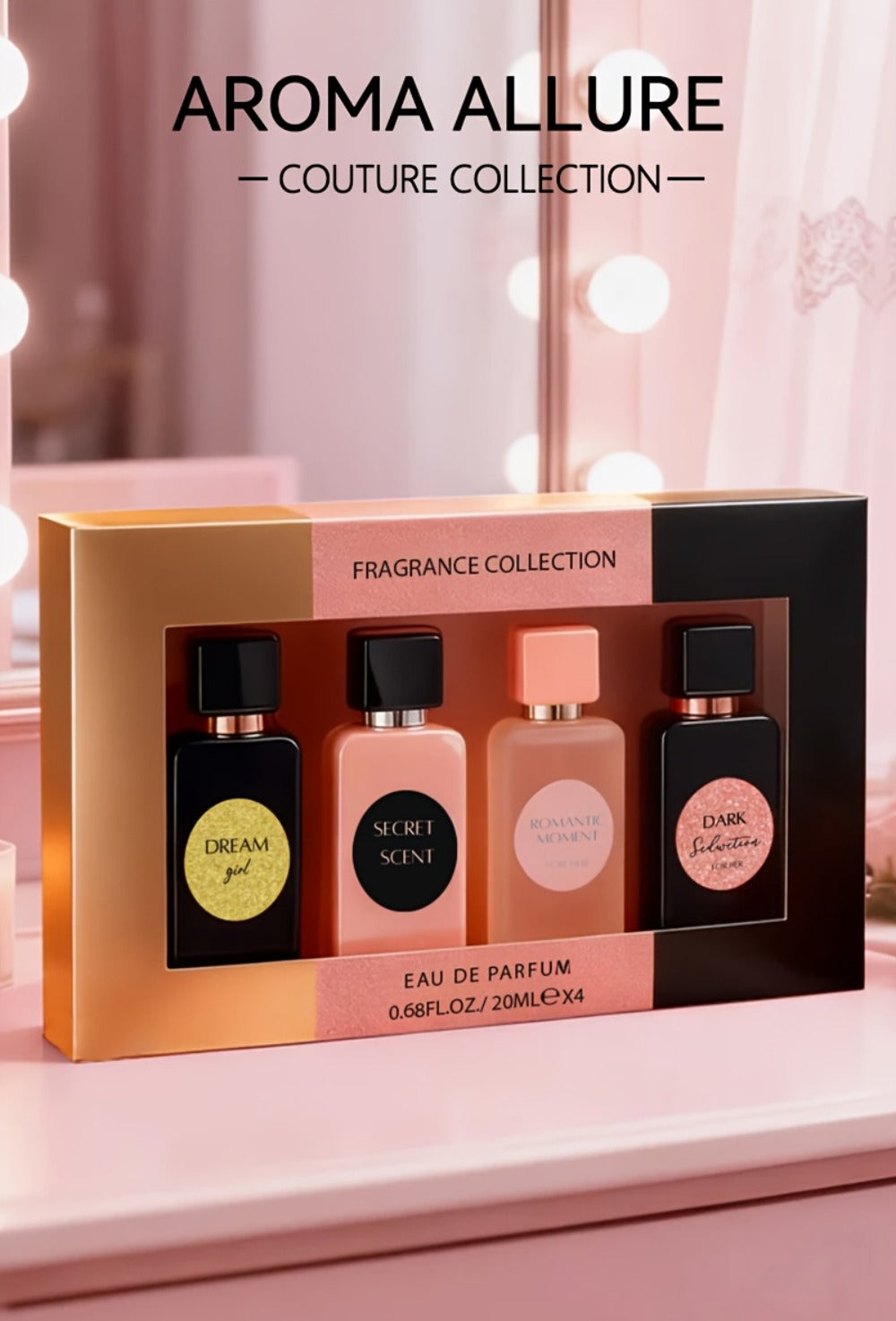 Perfume Gift Set Aroma Allure Four 20ml Eau de Parfum Sprays in Black Rose Windowed Box for Women
