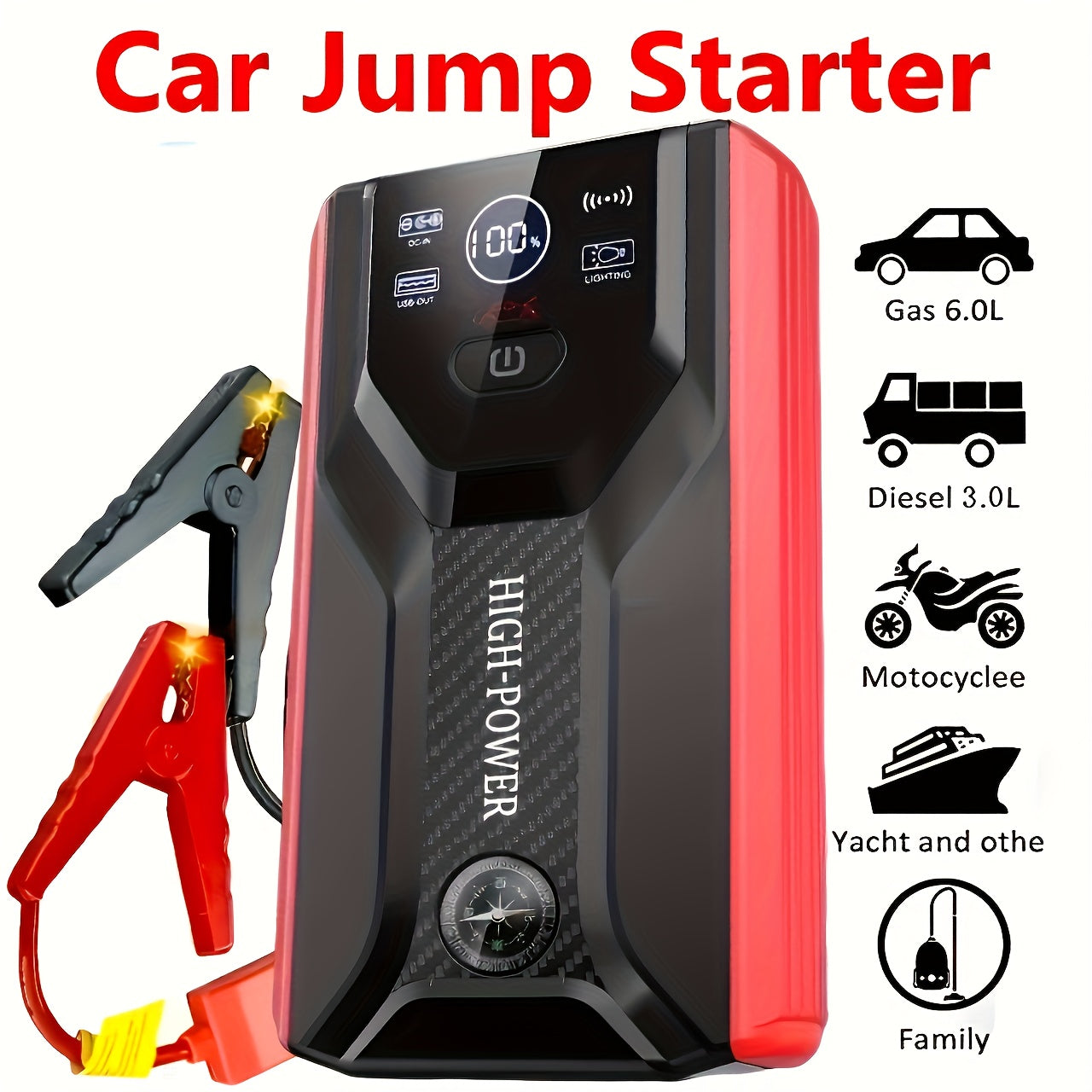 Portable Car Jump Starter 12V – Peak Power Battery Booster Pack for 8.0L Gas & Diesel Engines, USB Charging & LED Emergency Light