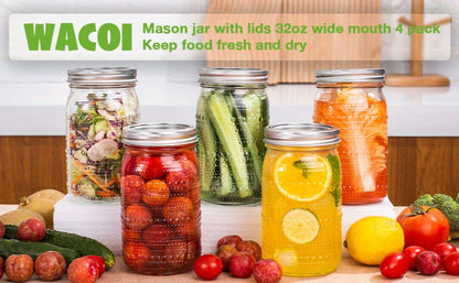 Mason Jars 32 oz Wide Mouth with Lids 4 Pack, Glass Canning Jars for Food Storage, Meal Prep, Pickling