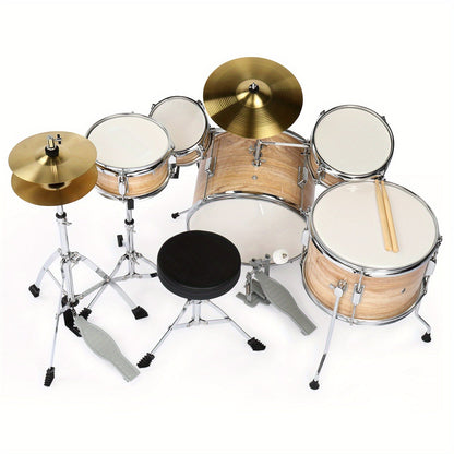 5-Piece Beginner Acoustic Drum Set shown in the Wood Grain Color option
