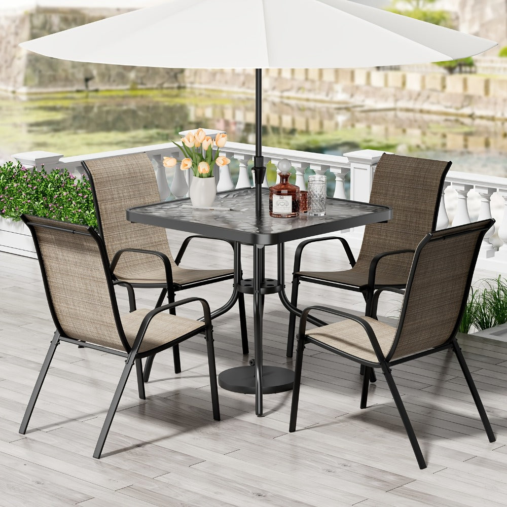 Patio Dining Set, 5 Piece Stackable Textilene Chairs Glass Table All-Weather Outdoor shown in the main product view