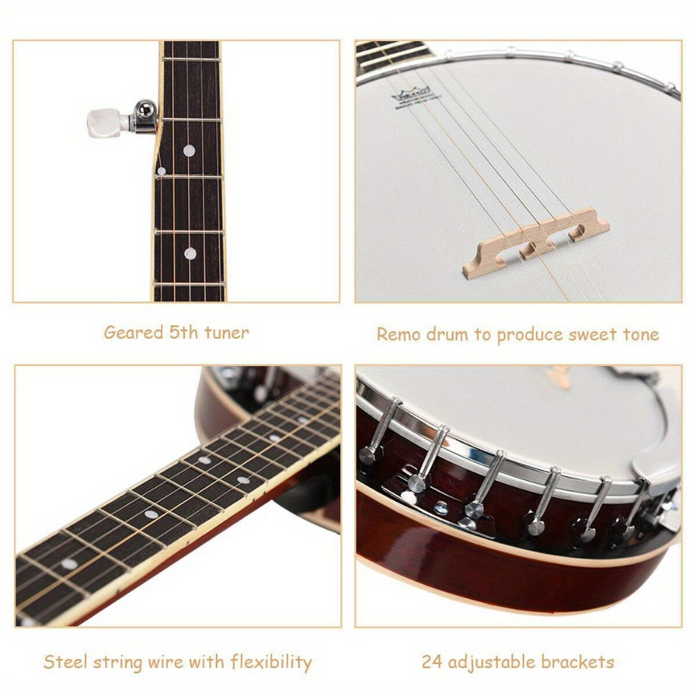5-String Closed-Back Banjo, 24-Bracket Beginner Instrument with Case detail image - detail view 8