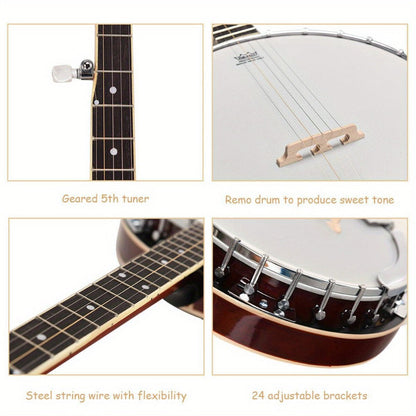 5-String Closed-Back Banjo, 24-Bracket Beginner Instrument with Case detail image - detail view 8