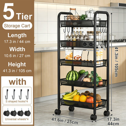5-Tier Metal Kitchen Storage Cart with Mesh Storage Shelf and 360° Swivel detail image - detail view 7