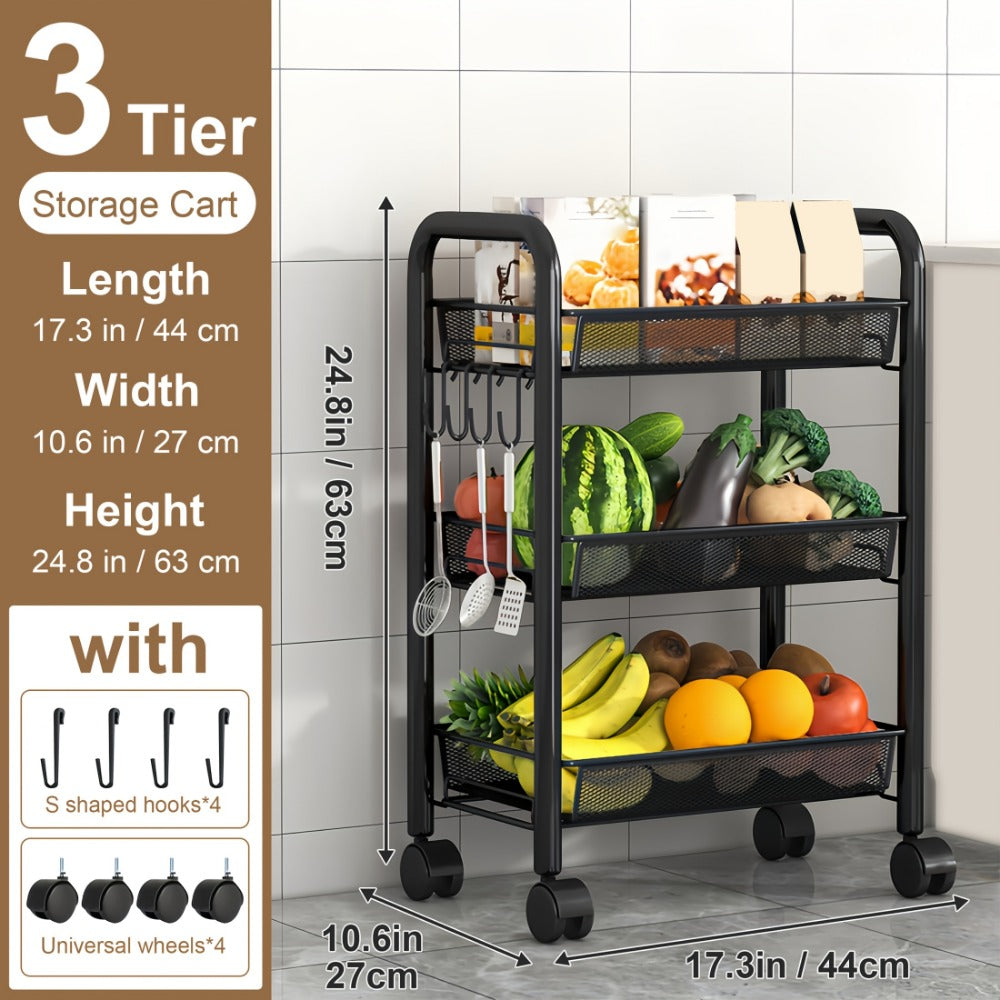 Kitchen Storage Cart, 3 4 5 Tier Swivel with 360 Degree Wheels Mesh Basket Carbon Steel shown in the main product view