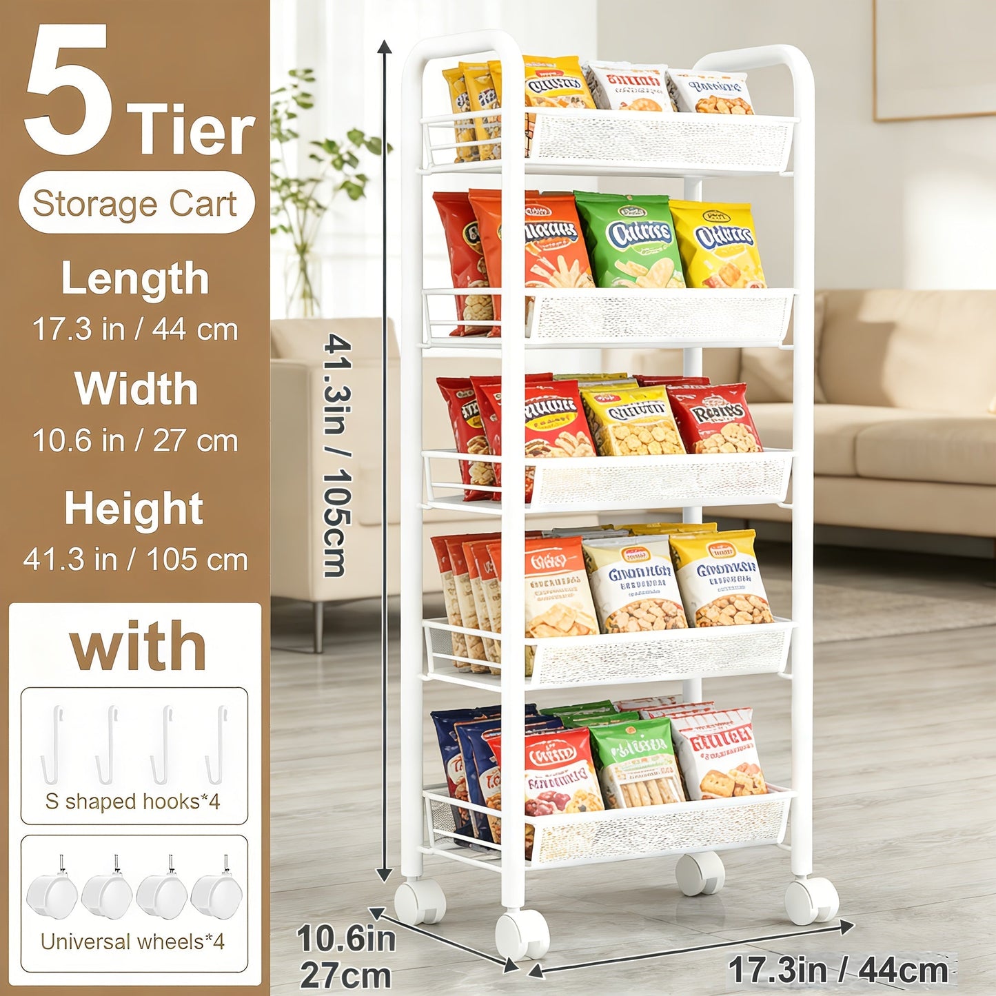 Kitchen Storage Cart shown in the White 5 Layers option