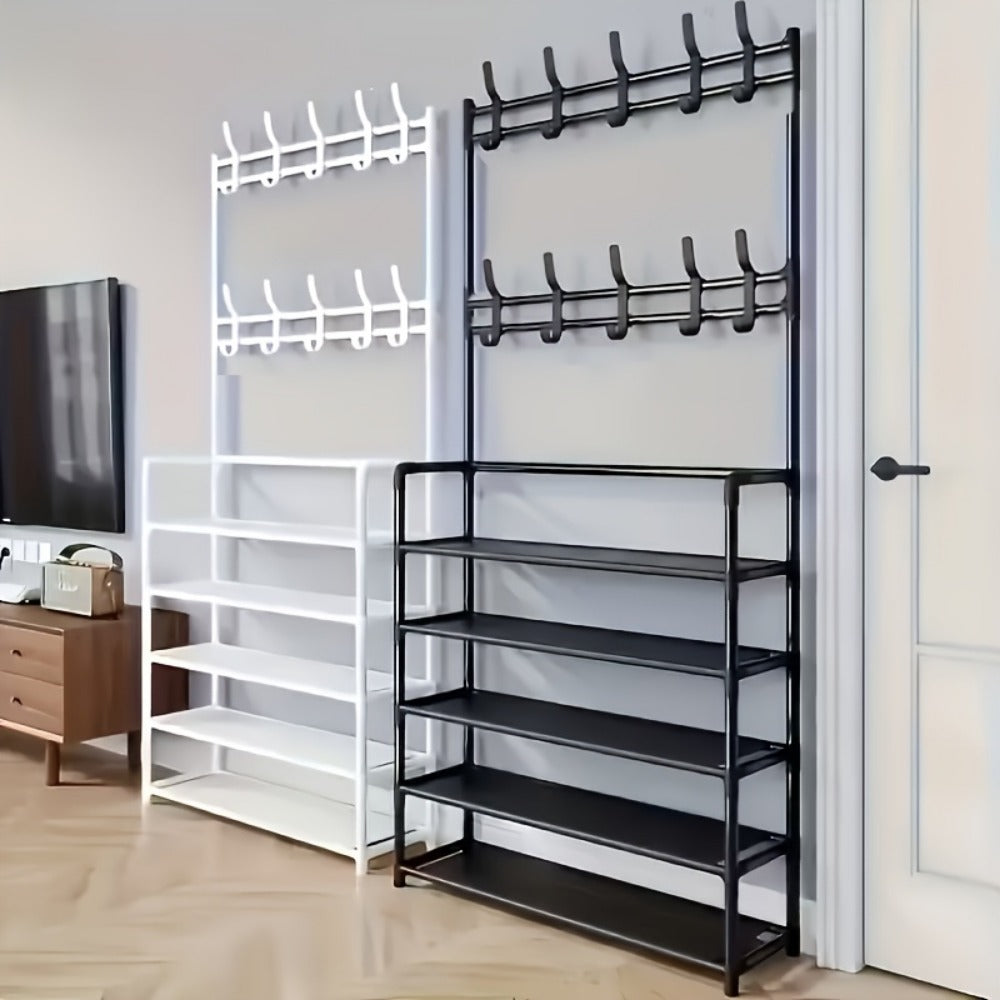 Shoe Racks and Entryway Organizers, 5-Tier Shoe Rack with 10 Dual Coat Hooks - Metal shown in the main product view