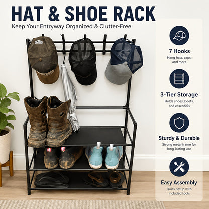 Shoe Rack shown in the Luxury Black, 3-tier Shoe and Hat Rack option
