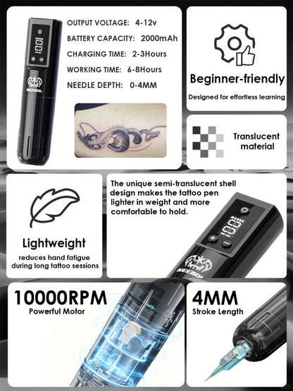 Wireless Rotary Tattoo Machine Neebol Cordless Pen, 6- Battery Life, Portable Design, Cartridge Compatible