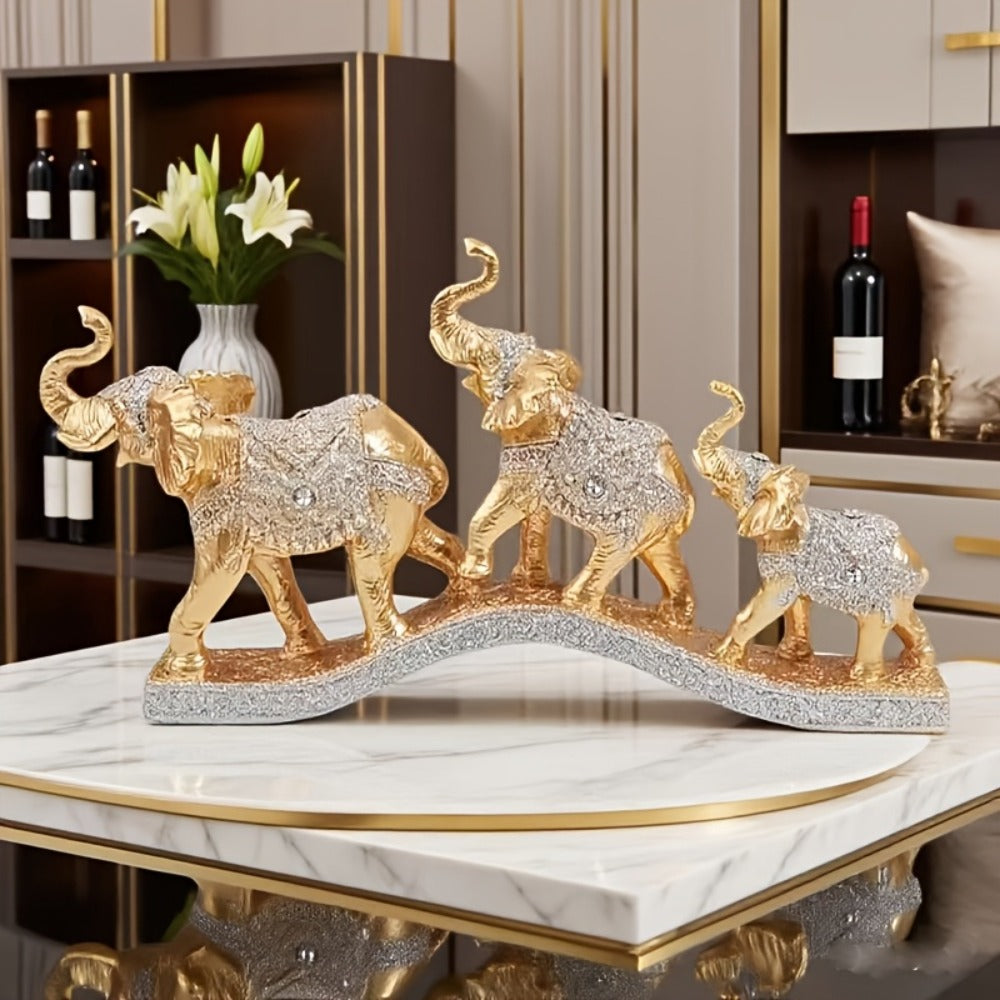 Golden Elephant Figurine Set of 3 – Lucky Elephant Statue Home Decor, Resin Elephant Family Sculpture for Living Room TV Cabinet Office