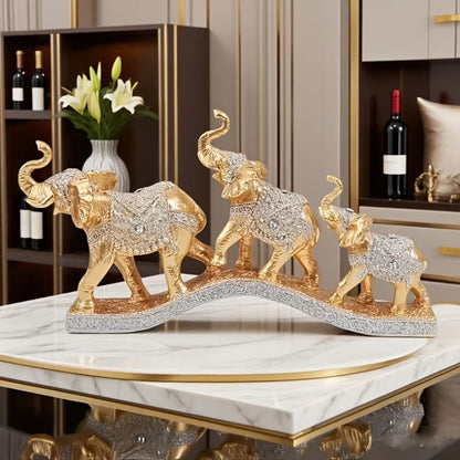 Golden Elephant Figurine Set of 3 – Lucky Elephant Statue Home Decor, Resin Elephant Family Sculpture for Living Room TV Cabinet Office