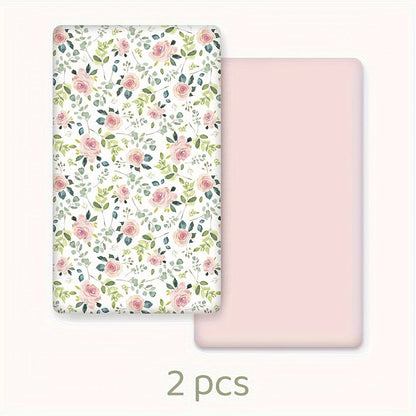 Two-Pack Printed Microfiber Fitted Sheets with Pink Flower, Whale or Deer Patterns for Portable and Home Mattresses