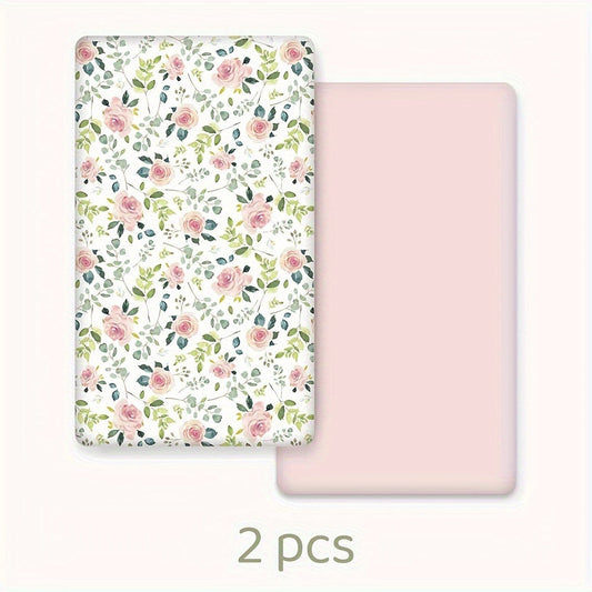 Two-Pack Printed Microfiber Fitted Sheets with Pink Flower, Whale or Deer Patterns for Portable and Home Mattresses