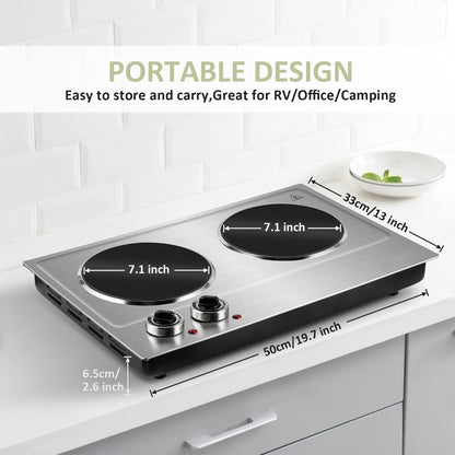 Electric Infrared Cooktop Double Burner Hot Plate, 1800W Portable Dual Temperature Control, Easy-Clean Smooth Surface