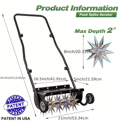 Rolling Lawn Aerator Push Spike 16.5" with 5-Star Steel Tines, Weight Tray & Steel Handle for Deep Soil Aeration