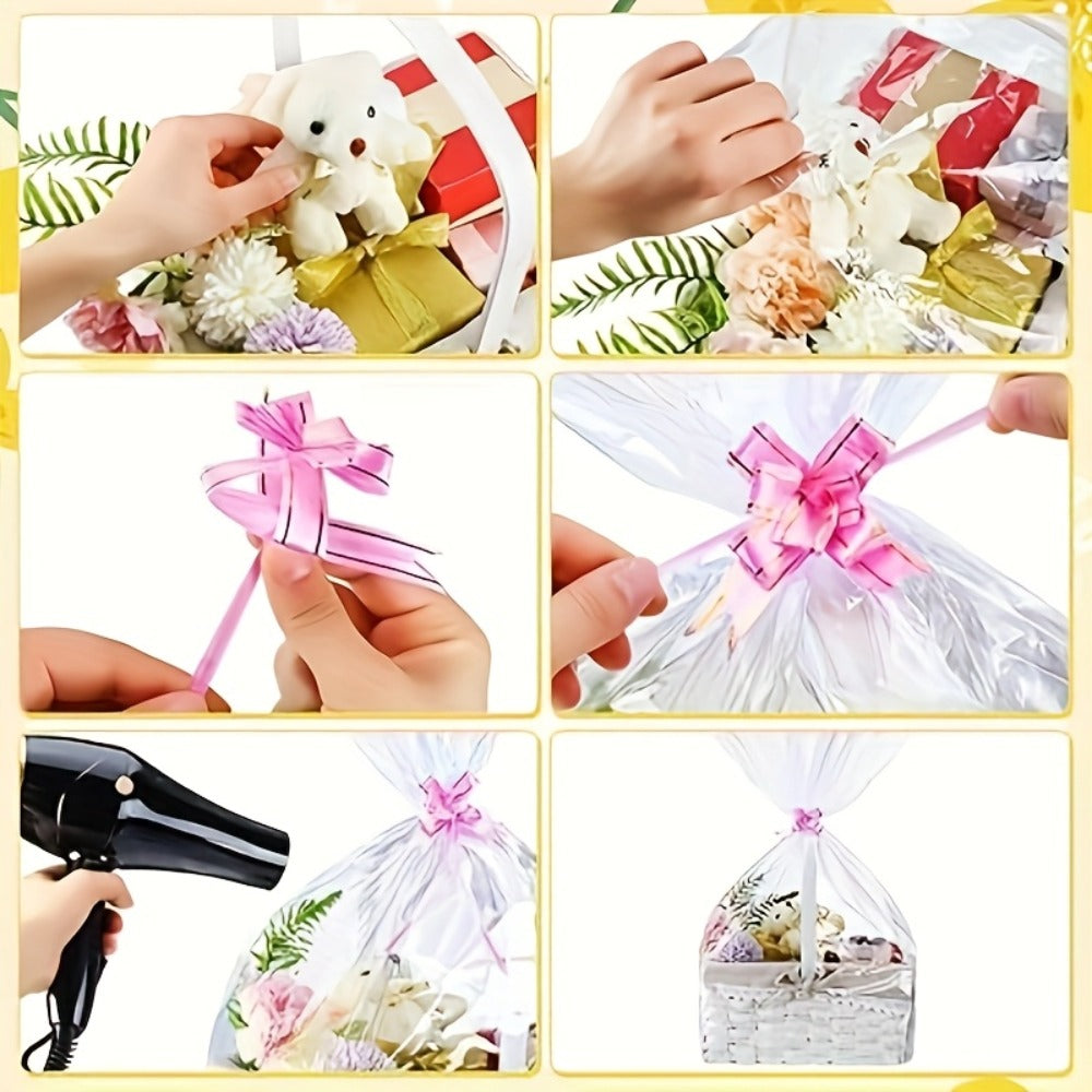 Clear Heat Shrink Cellophane Bags 80pcs 3 Sizes with Pull Bows, Gift Basket Wrapping Bags for Easter Mother's Day Party Favors