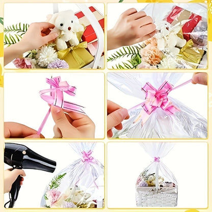 Clear Heat Shrink Cellophane Bags 80pcs 3 Sizes with Pull Bows, Gift Basket Wrapping Bags for Easter Mother's Day Party Favors