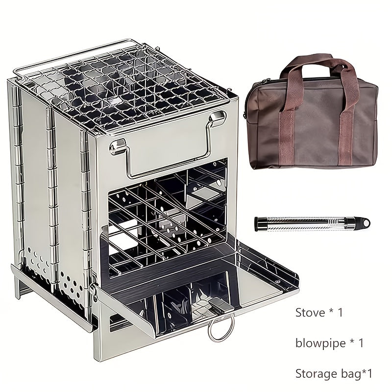Compact Wood-Burning Camp Stove with Folding Panel Body, Grill Rack, Blowpipe and Storage Bag in Silver Tone