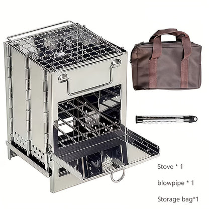 Compact Wood-Burning Camp Stove with Folding Panel Body, Grill Rack, Blowpipe and Storage Bag in Silver Tone