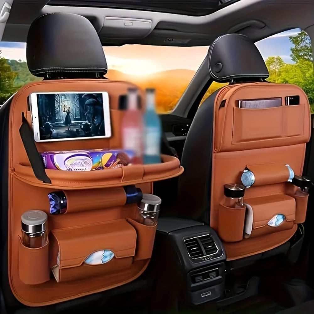 Two-Pack Seatback Car Organizer with Fold-Down Tray, Cup Pockets, Tissue Opening and Umbrella Storage