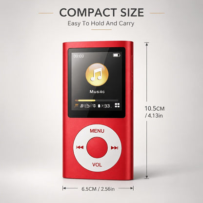 Aluminum-Alloy MP3 Player with 64GB Card Support, 1.8-Inch LCD, Earphones and Charging Cable in Red or Black