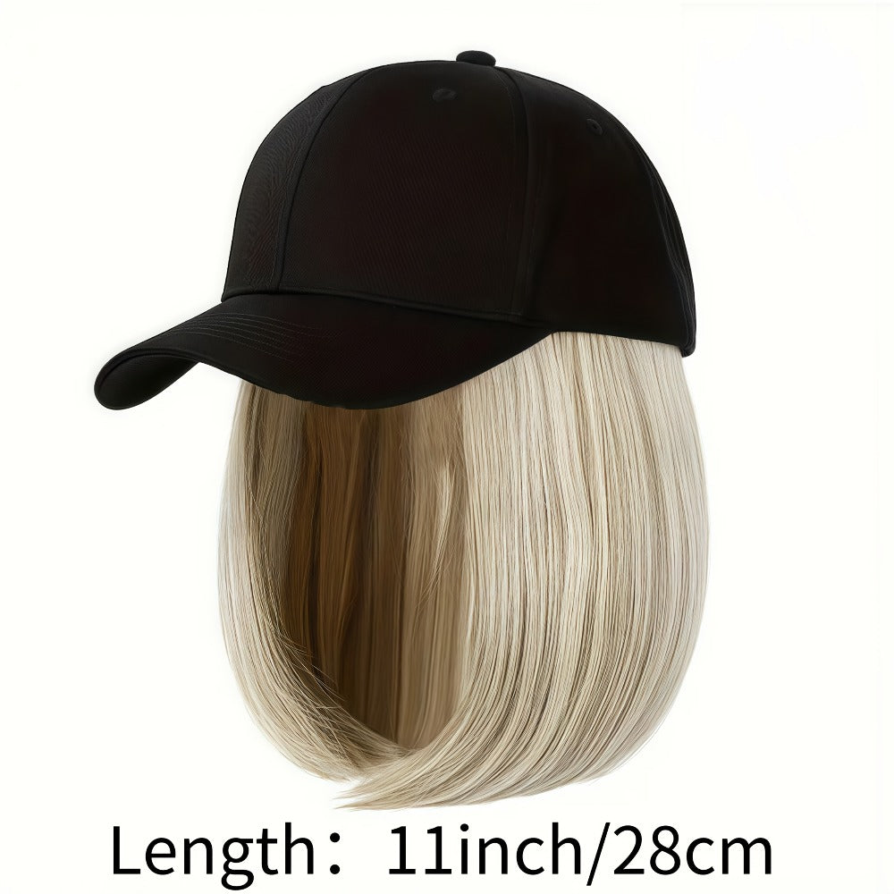 Baseball Cap Wig Women 2-in-1 Short Bob 12 Inch Glueless Synthetic Straight Breathable Adjustable Heat Resistant Natural Look Easy Wear 4