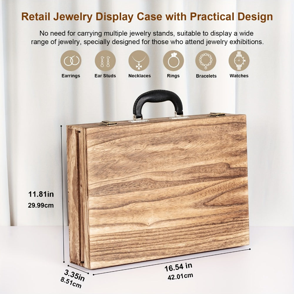 Wooden Jewelry Display Case with Lock & Buckle Closure – Vintage Tabletop Organizer Box for Earrings, Bracelets & Necklaces