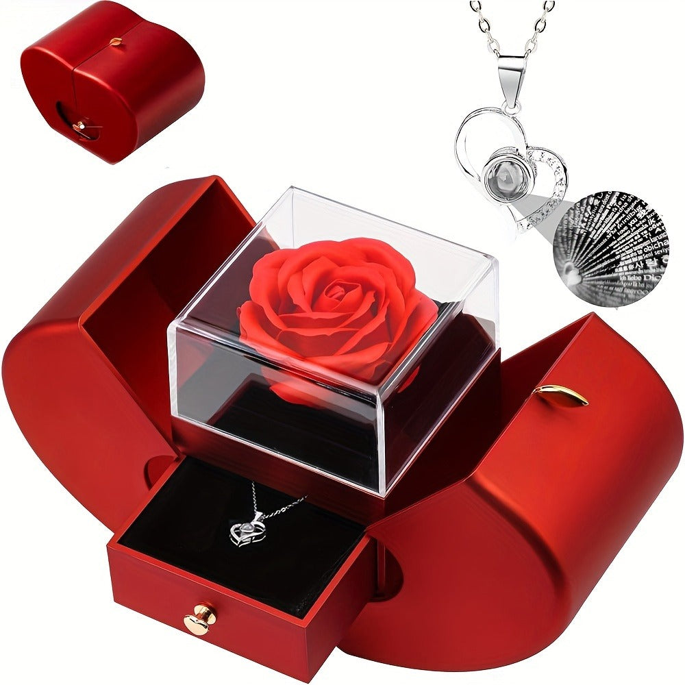 Preserved Real Rose Gift Box with I Love You in 100 Languages Necklace, Romantic Gifts for Girlfriend Wife Mom