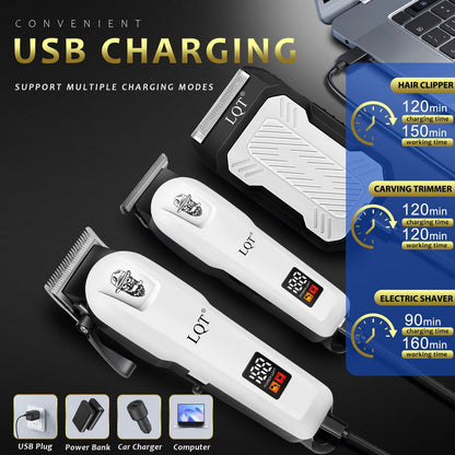 LQT White Hair Clipper Set with Digital Displays, USB Charging and Choice of 2-, 3- or 4-Piece Kits