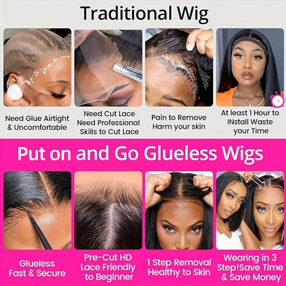 Bob Wig Human Hair 250% Density 4x4 HD Lace Straight Glueless Pre Cut Pre Plucked Wear and Go Natural Black for Women Daily Wear Party Music
