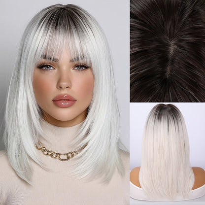 Synthetic Wig 16-Inch White Gradient Straight Style with Bangs and Glueless Rose Net Cap for Cosplay