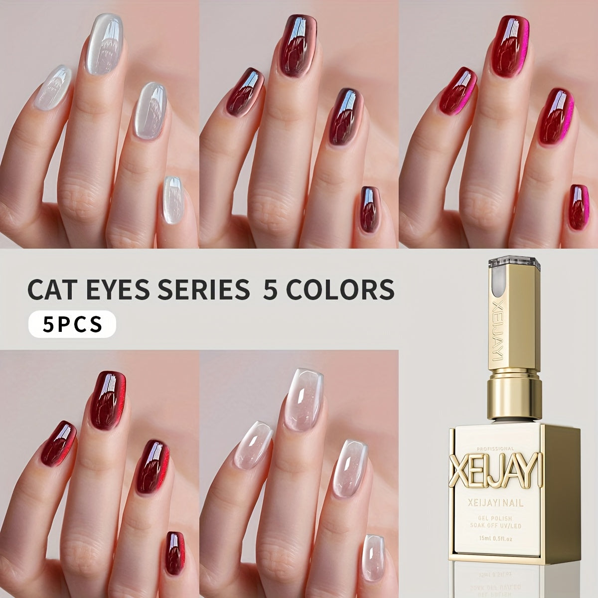 Gel Nail Polish 5-Piece Magnetic Cat-Eye Set with Ruby, Raspberry, Blackberry, White-Moonlight and Clear Shades for UV/LED Cure