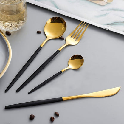 Twenty-Four-Piece Black and Gold Flatware Set for Six with Forks, Knives and Two Spoon Sizes