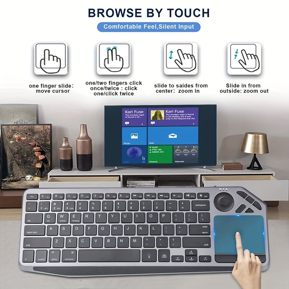 Touchpad Wireless Keyboard 2.4G Dual Mode, Backlit Multimedia Hotkeys, Type-C Rechargeable, All-in-One Remote for Smart TV