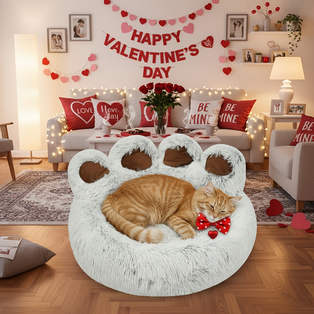 Dog Bed Cat Bed Bear Paw Shaped Donut – Calming Round Plush Pet Mattress, Warm & Soft Cuddler Bed for Dogs and Cats, Includes Pet Scarf