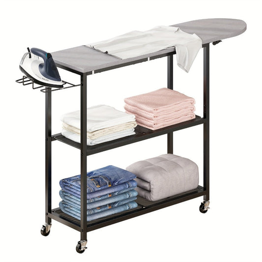 3-Tier Ironing Board Cart with Wheels, Rolling Laundry Station with Multi-Layer Storage Shelves for Living Room