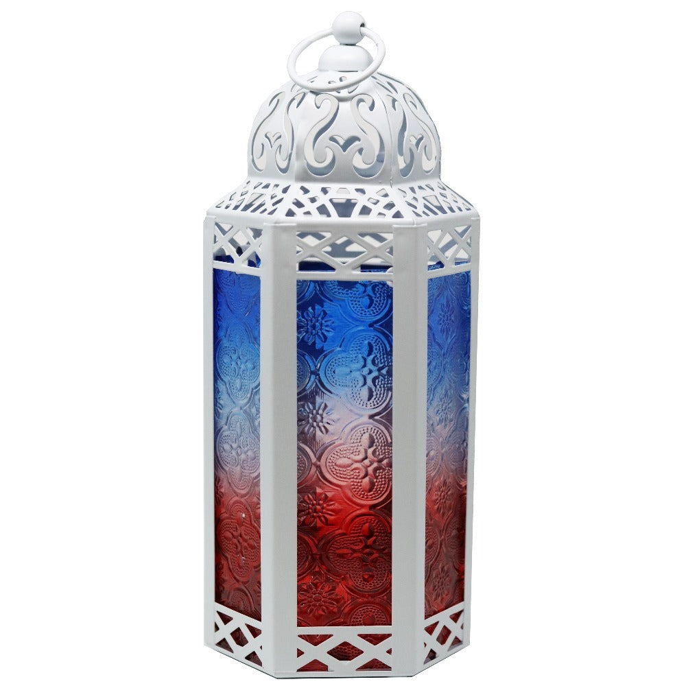 Moroccan Candle Lantern Holder - Decorative Metal & Glass Lantern with Embossed Floral Design for Indoor Home Decor