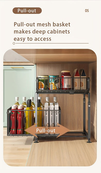Under Sink Organizer 2-Tier Pull Out – Adjustable Height Carbon Steel Cabinet Storage Shelf for Kitchen and Bathroom