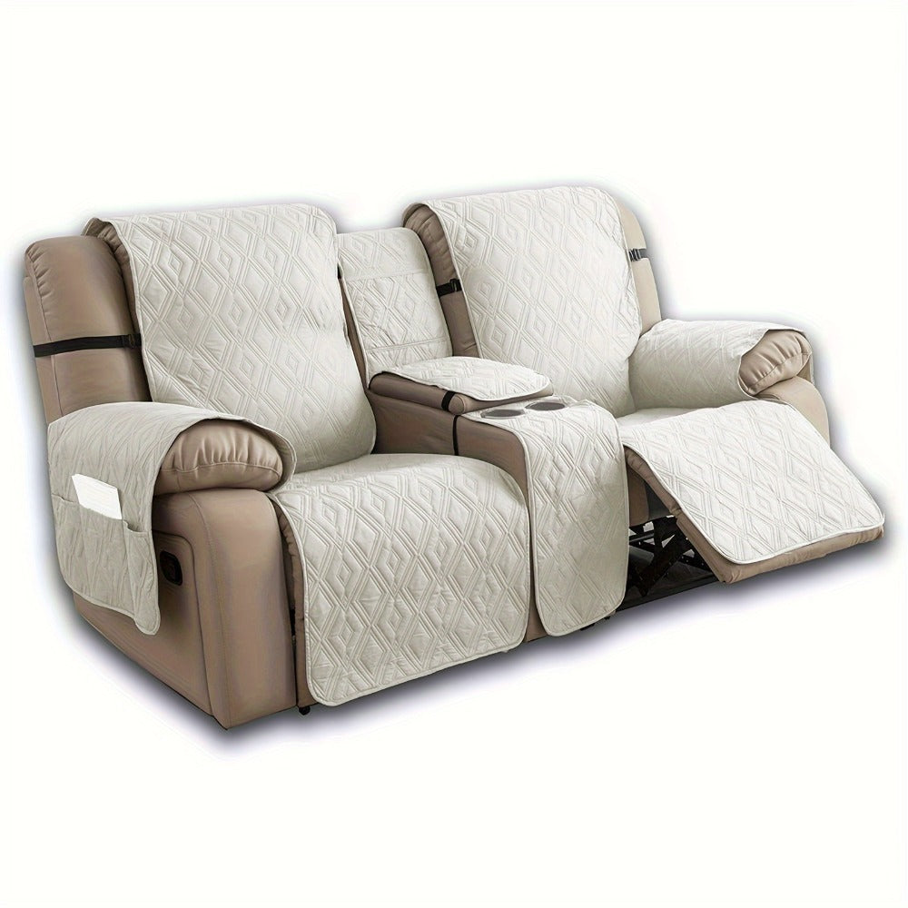 Recliner Loveseat Cover 4 Piece Set Waterproof Split Dual Recliner Sofa Slipcover with Center Console Cover & Straps