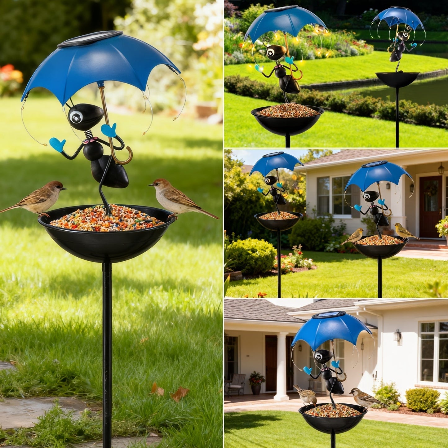 Solar Frog Statue Garden Light with Bird Feeder & LED String Decor, for Garden, Pathway and Patio Lighting