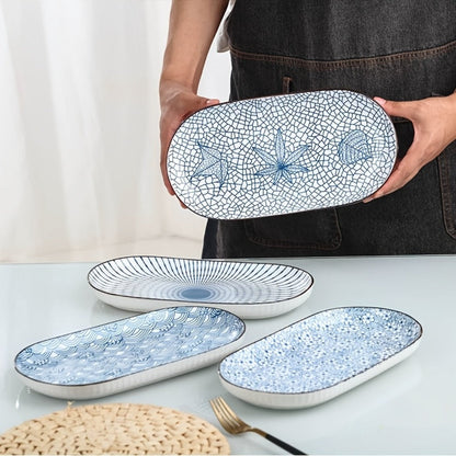 Japanese Blue White Porcelain Fish Plates Set of 4 – 12 Inch Ceramic Serving Plates, Microwave & Oven Safe Steaming Baking Tableware