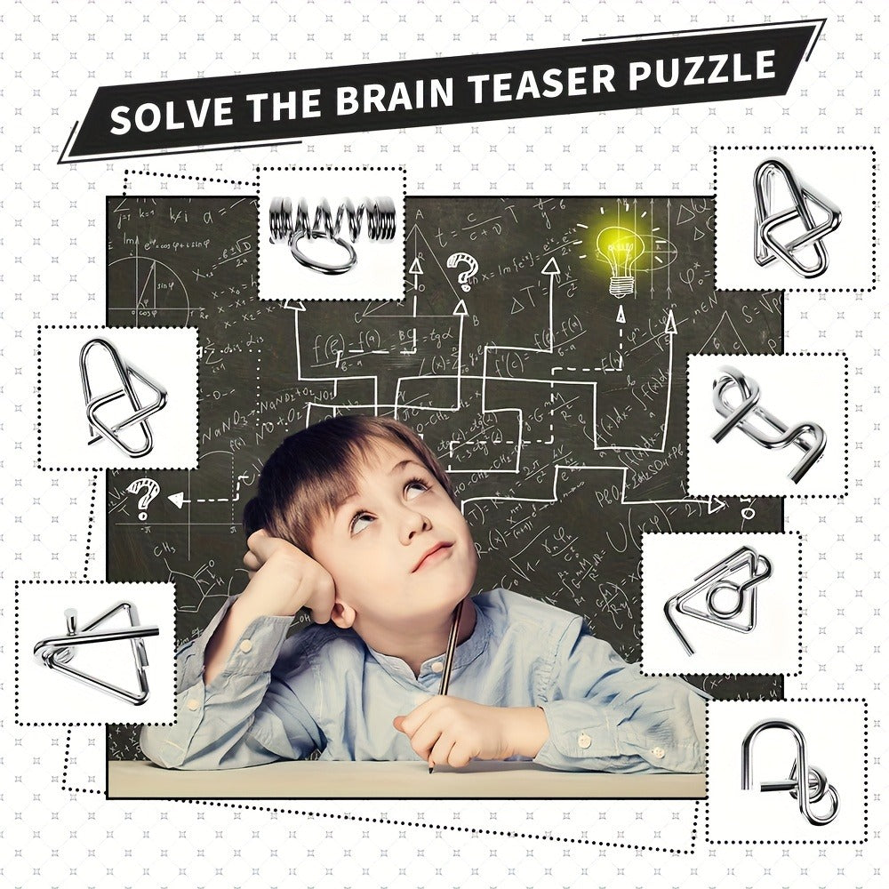 Metal Brain Teaser Puzzle Set 50 Pack, Golden Unlock Iron Chain Link Toys, Nine Rings Kongming Lock