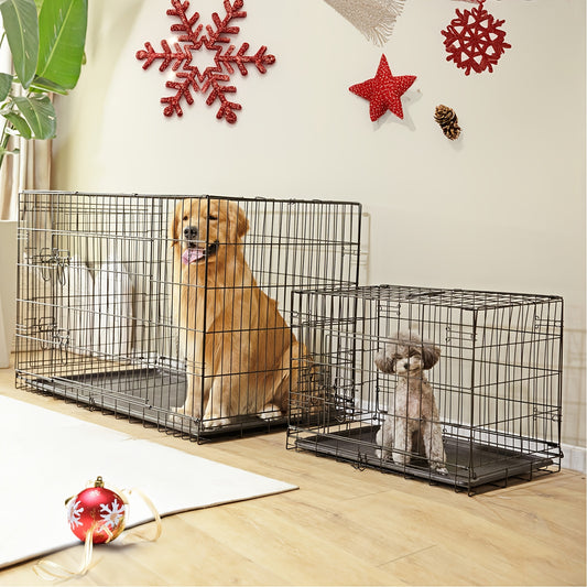 Dog Crate with Divider Panel & Double Door – Folding Metal Wire Dog Cage with Leak-Proof Tray, Indoor Outdoor Travel Pet Kennel