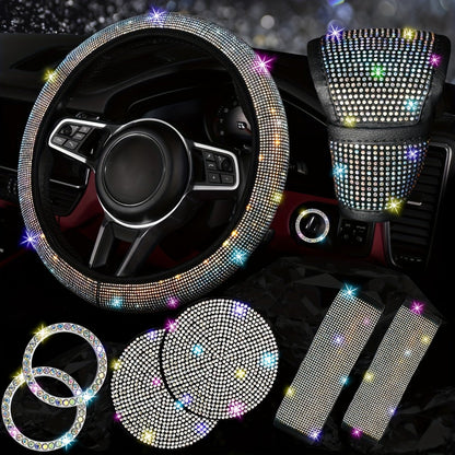8-Piece Rhinestone Car Interior Accessories Set with Steering Wheel Cover, Coasters and Seat Belt Pads