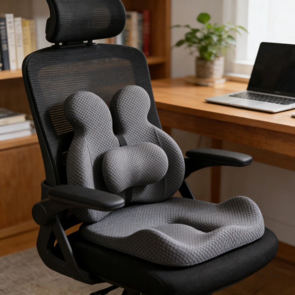 Two-Piece Contoured Seat and Lumbar Cushion Set with Adjustable Chair Straps and Three Colors