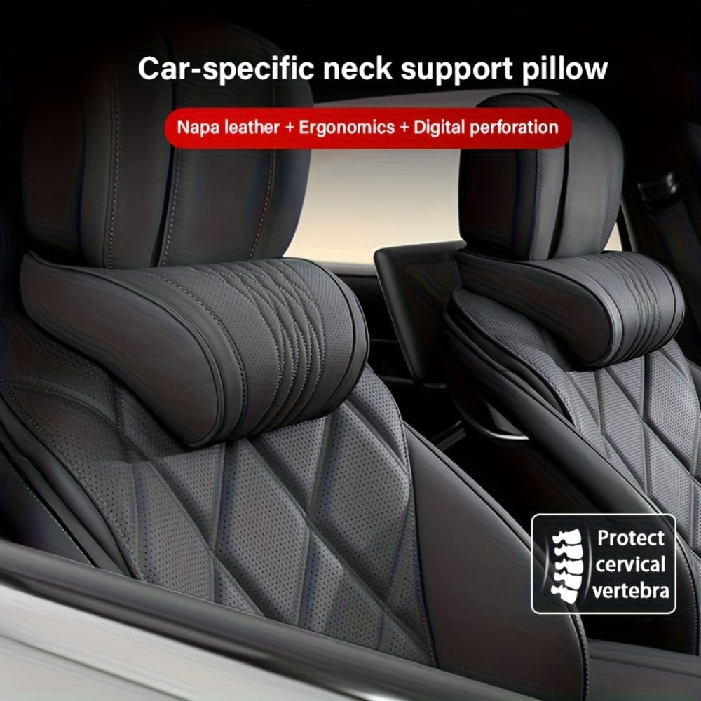 Car Neck Pillow Nappa Leather Headrest – Memory Foam Lumbar Support with Embroidery, All-Season Universal Car Interior Accessory