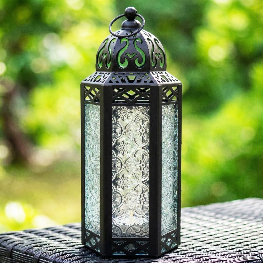 Moroccan Candle Lantern Holder - Decorative Metal & Glass Lantern with Embossed Floral Design for Indoor Home Decor
